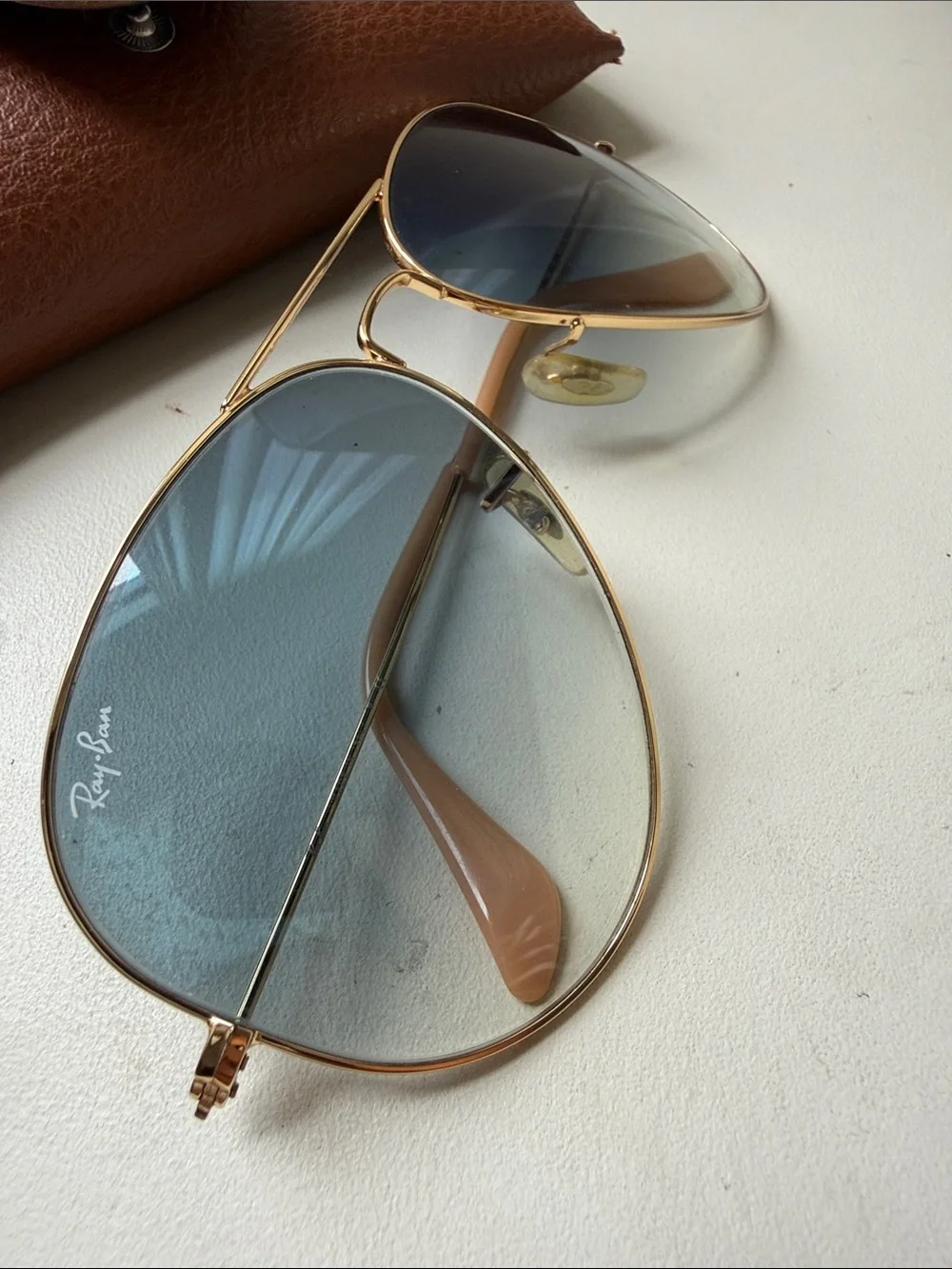 Ray-Ban Gold Frame Sunglasses with Blue Gradient Lenses and Brown Case - Picture 5 of 12